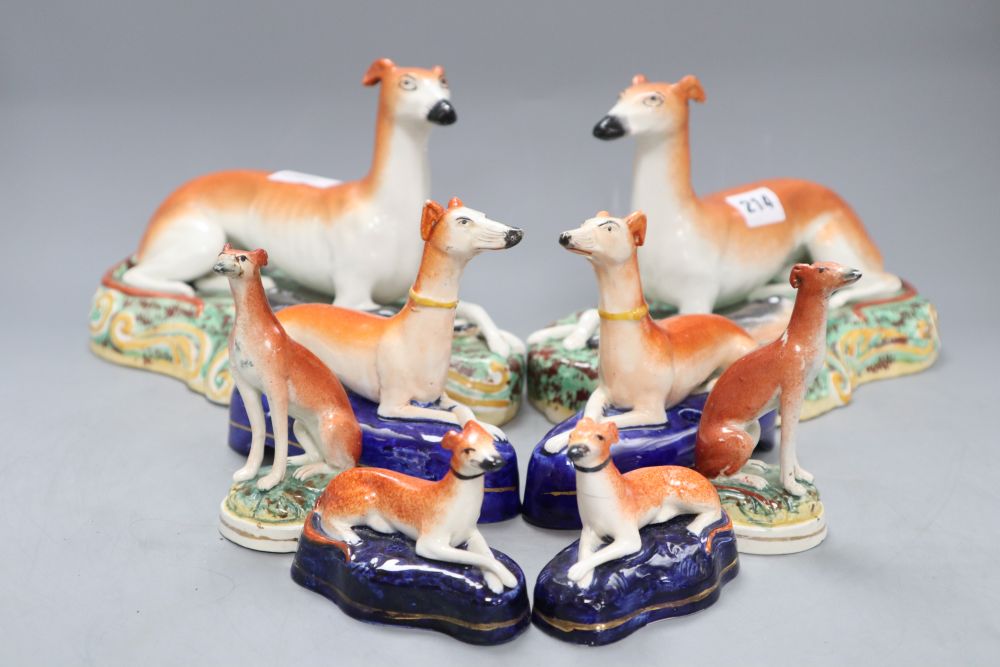 Eight various Staffordshire pottery greyhounds, tallest 16cm